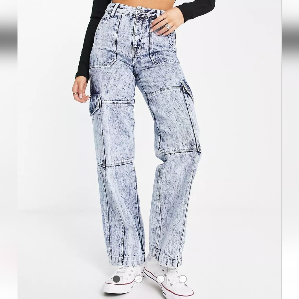 NWT Miss Selfridge Denim Wide Leg Cargo  Jeans in Dark Acid Wash, Size 6, Blue